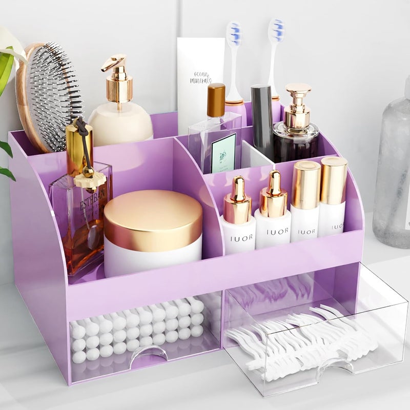 COMFYROOM Makeup Organizer with Drawers, Cosmetic Storage for Dresser Vanity and Bathroom Countertop, Beauty Holder for Lipstick Brush, Skincare Organizer for Vanity, Cosmetic Display Case (Purple) - Image 1